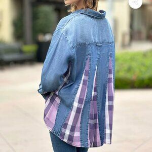 Billy T Love You To Pieces Shirt Women XL Blue Purple Chambray Denim Plaid Boho